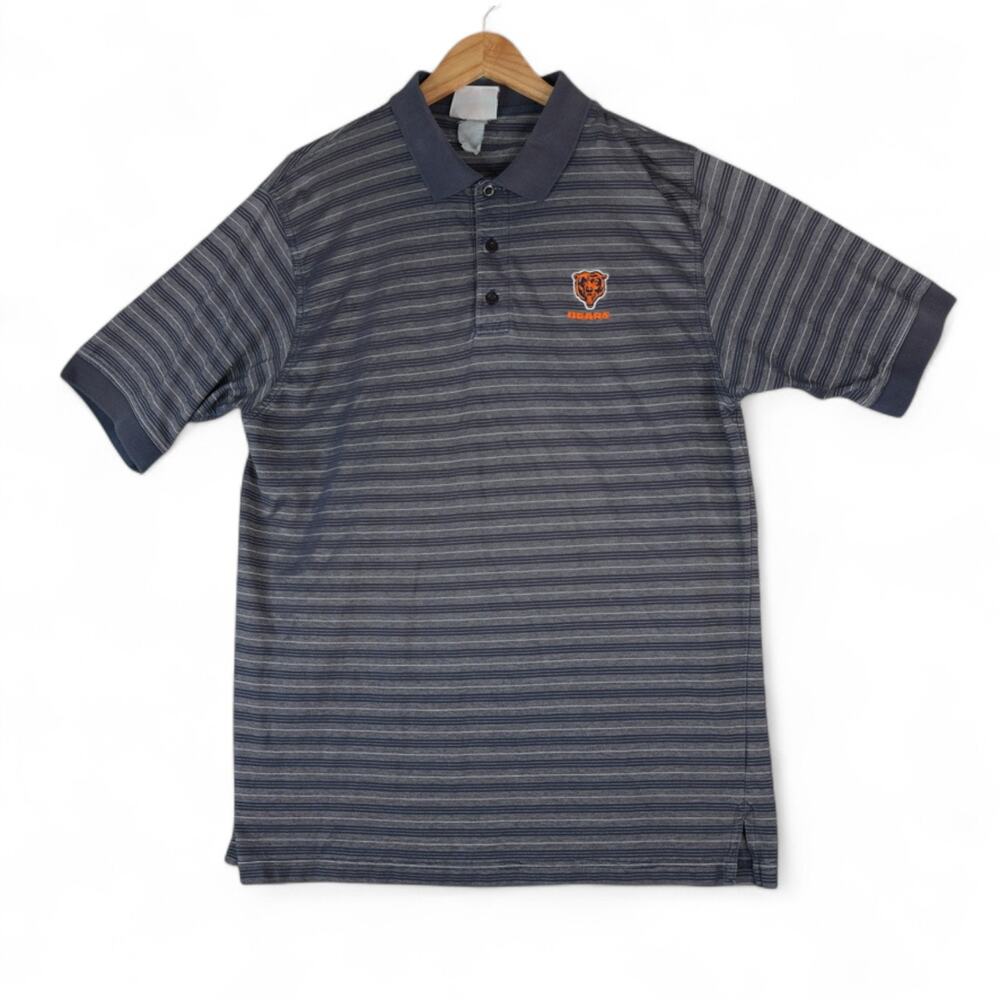 Vintage‎ NFL Chicago Bears Polo Shirt Mens Large Gray Striped Short Sleeve